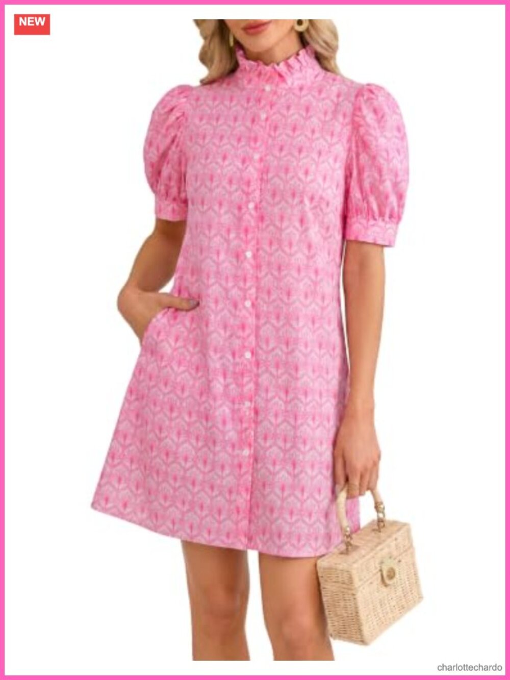 Women's Floral Mini Shift Dress Puff Sleeve Button Down Ruffle Collar Boho